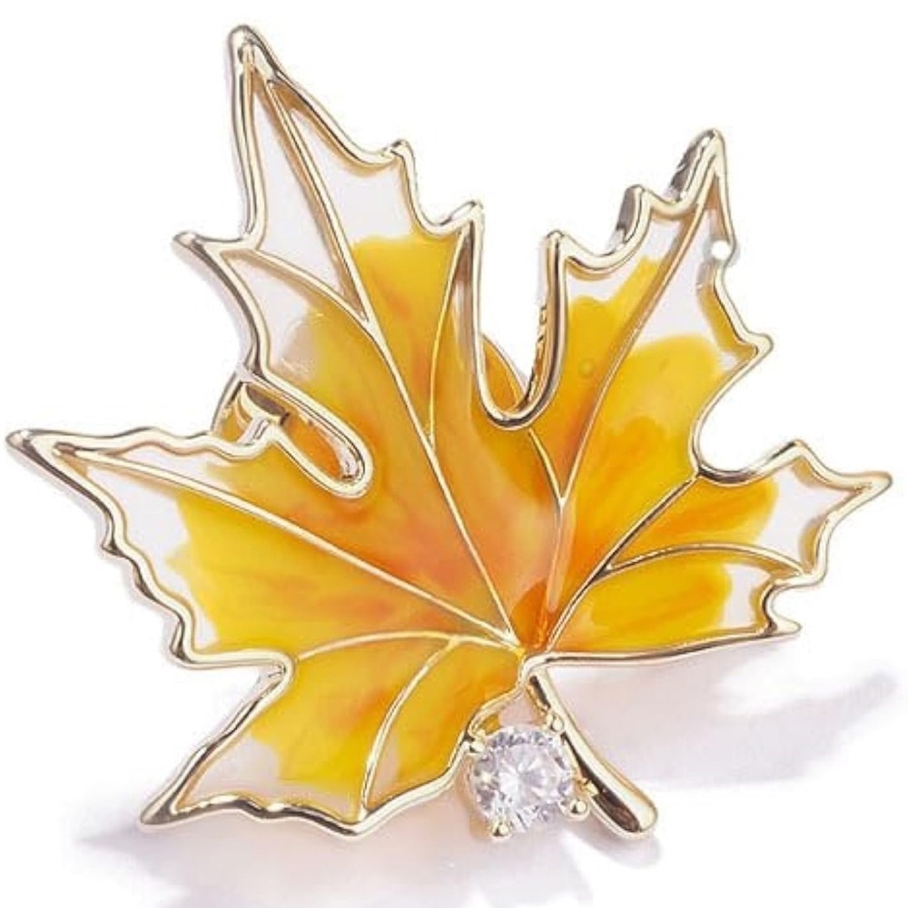 Maple Leaf Resin Pin Brooch, Orange, Yellow, Gold - Picture 12 of 17